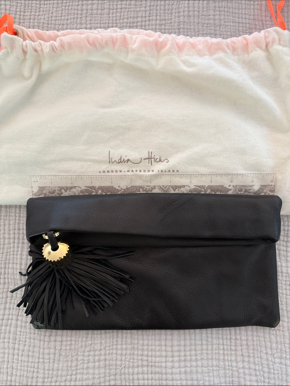 INDIA HICKS Black Leather Carmen Clutch w/Gold/Leather Tassel